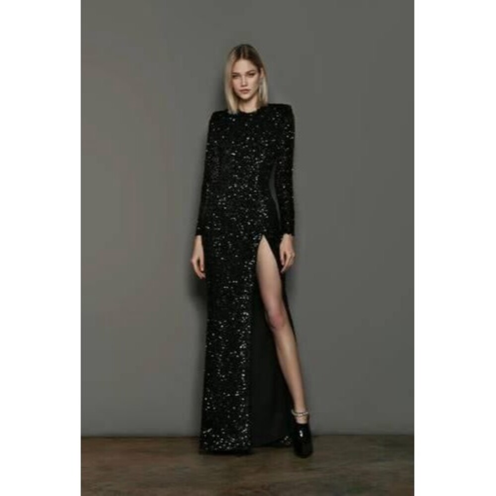 NWOT BRONX AND BANCO ELIZABETH BLACK Sequin Open-Back Long-Sleeve Column Gown